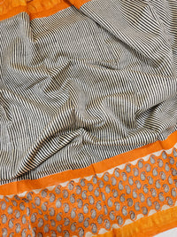 Maheshwari Silk Cotton Hand Block Printed Saree - Black with Orange