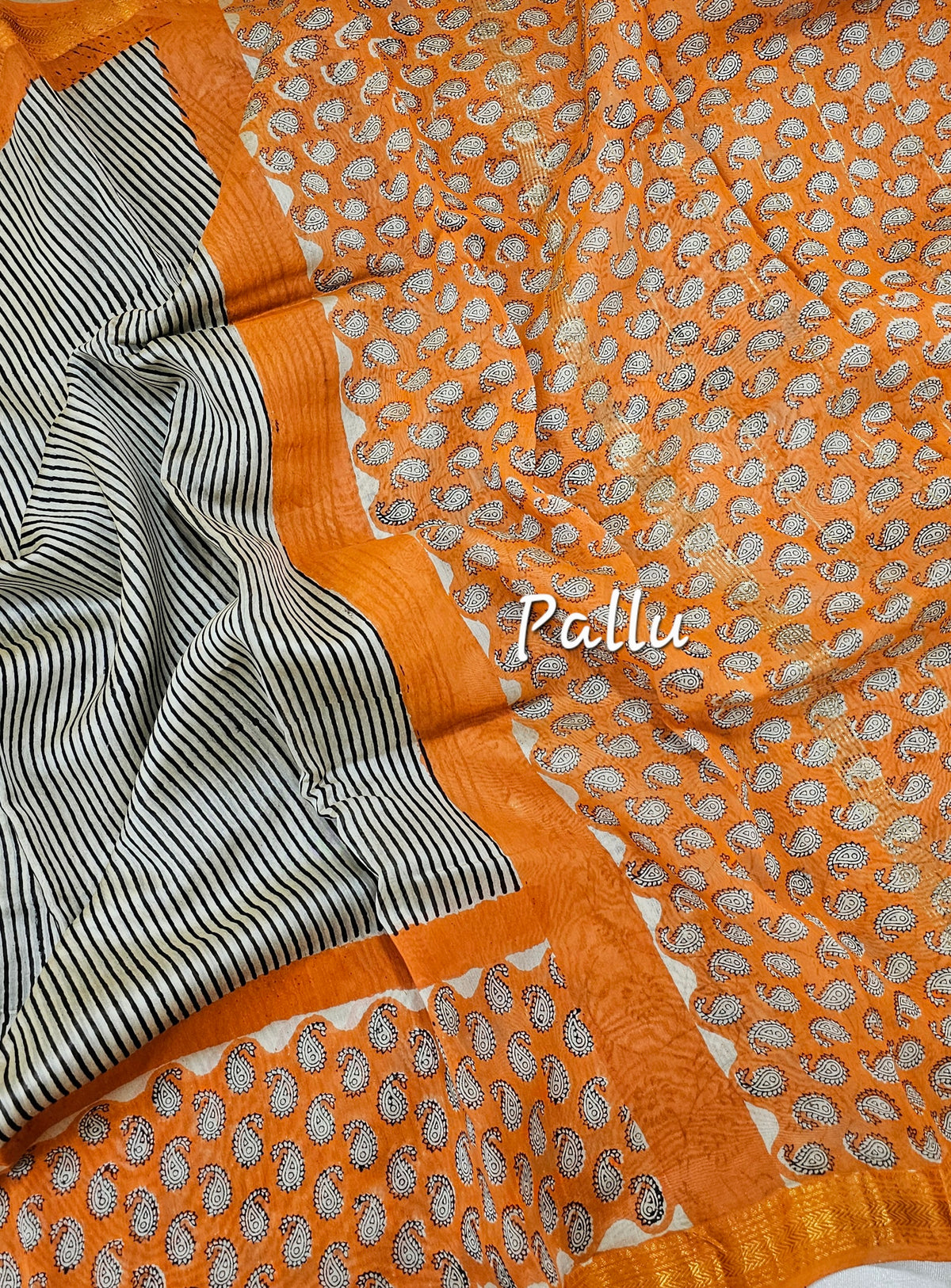 Maheshwari Silk Cotton Hand Block Printed Saree - Black with Orange