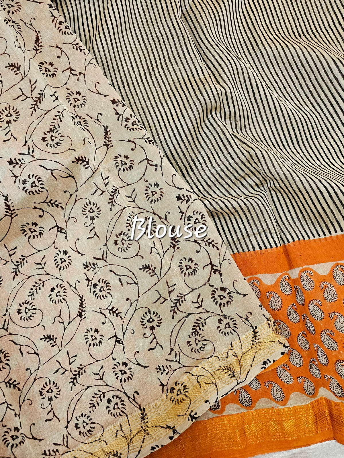 Maheshwari Silk Cotton Hand Block Printed Saree - Black with Orange