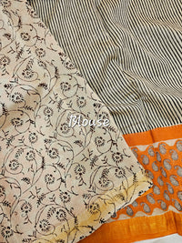 Maheshwari Silk Cotton Hand Block Printed Saree - Black with Orange