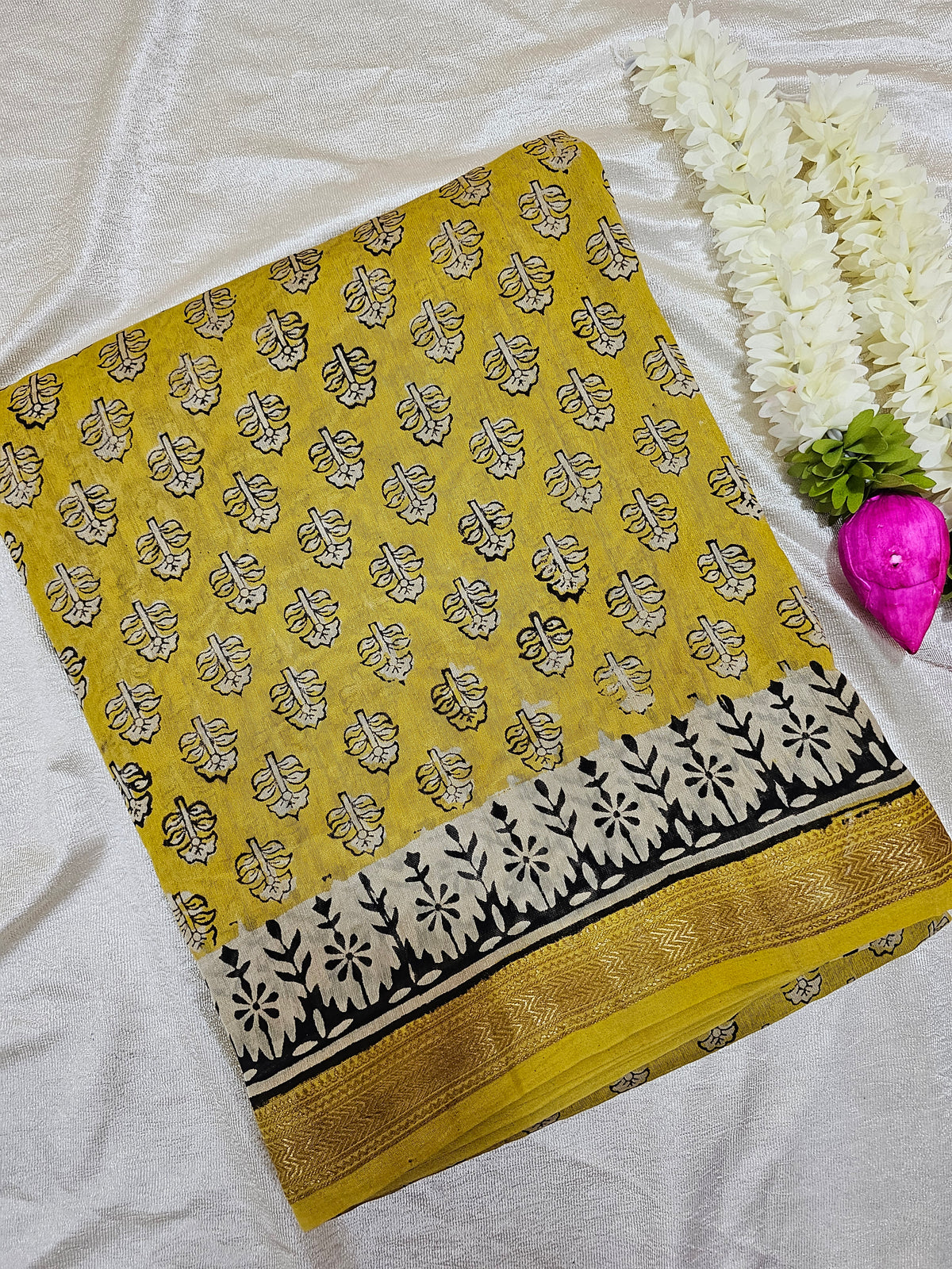 Maheshwari Silk Cotton Hand Block Printed Saree - Yellow