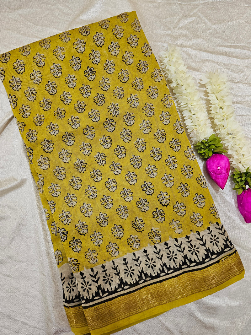 Maheshwari Silk Cotton Hand Block Printed Saree - Yellow