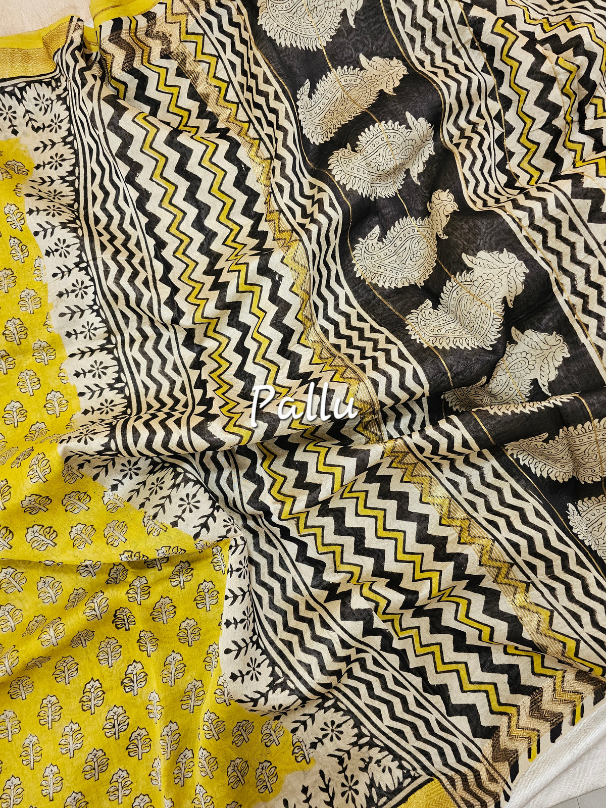 Maheshwari Silk Cotton Hand Block Printed Saree - Yellow