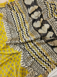 Maheshwari Silk Cotton Hand Block Printed Saree - Yellow