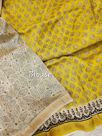 Maheshwari Silk Cotton Hand Block Printed Saree - Yellow