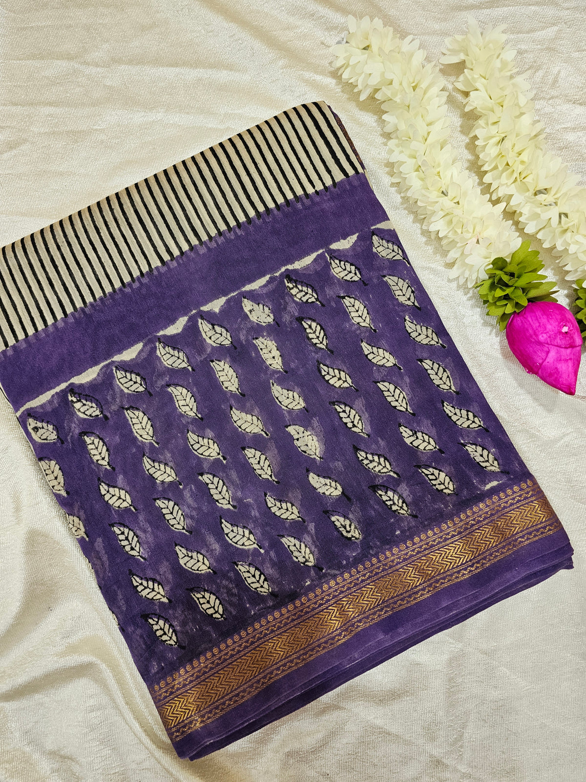 Maheshwari Silk Cotton Hand Block Printed Saree - Black with Purple