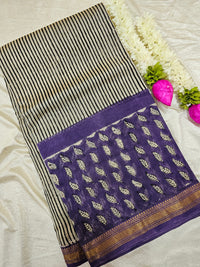 Maheshwari Silk Cotton Hand Block Printed Saree - Black with Purple