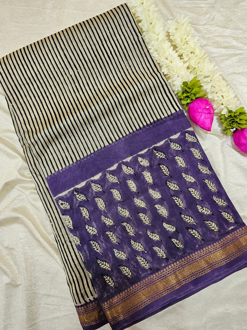 Maheshwari Silk Cotton Hand Block Printed Saree - Black with Purple