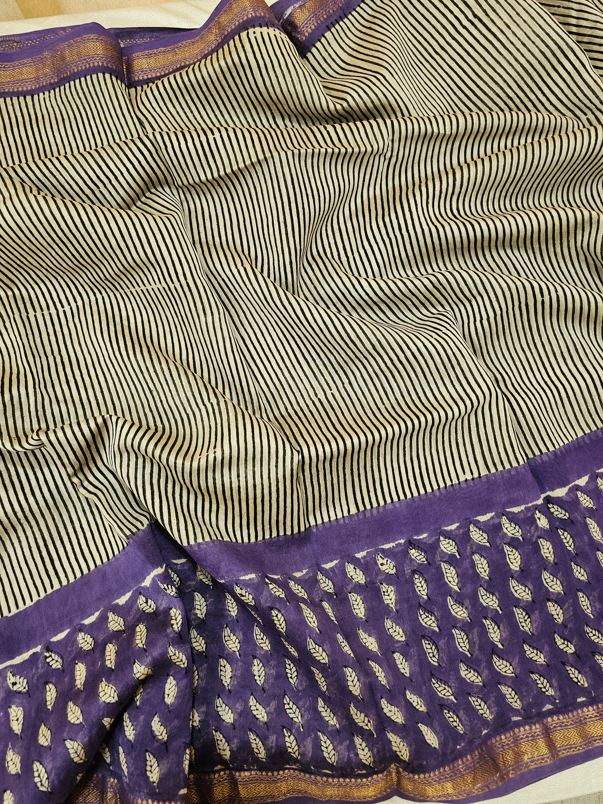 Maheshwari Silk Cotton Hand Block Printed Saree - Black with Purple