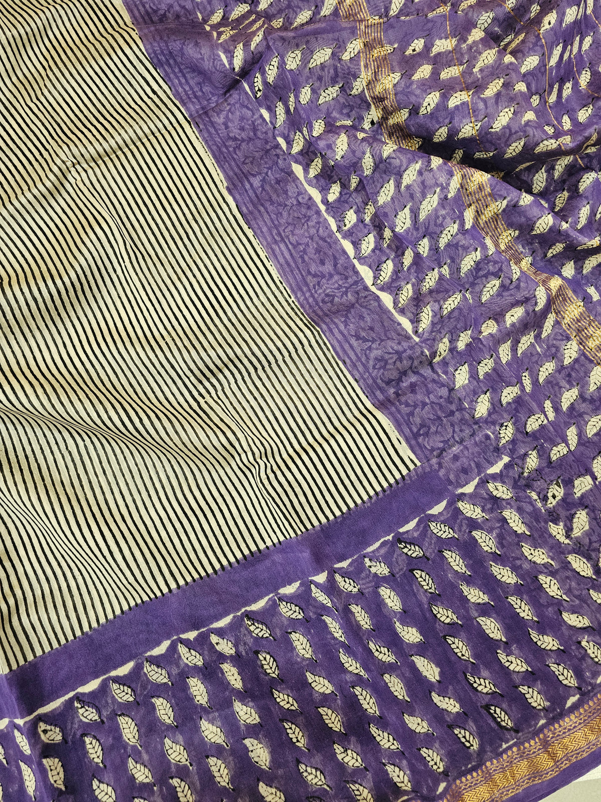 Maheshwari Silk Cotton Hand Block Printed Saree - Black with Purple