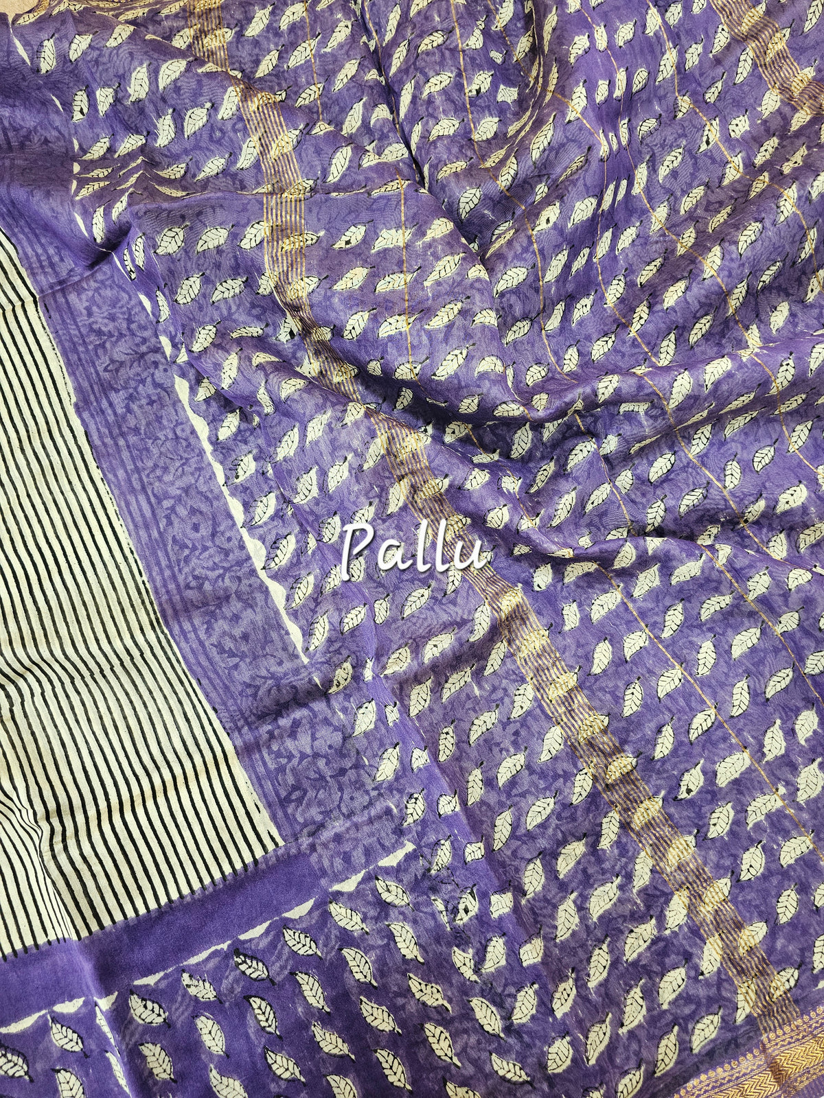 Maheshwari Silk Cotton Hand Block Printed Saree - Black with Purple