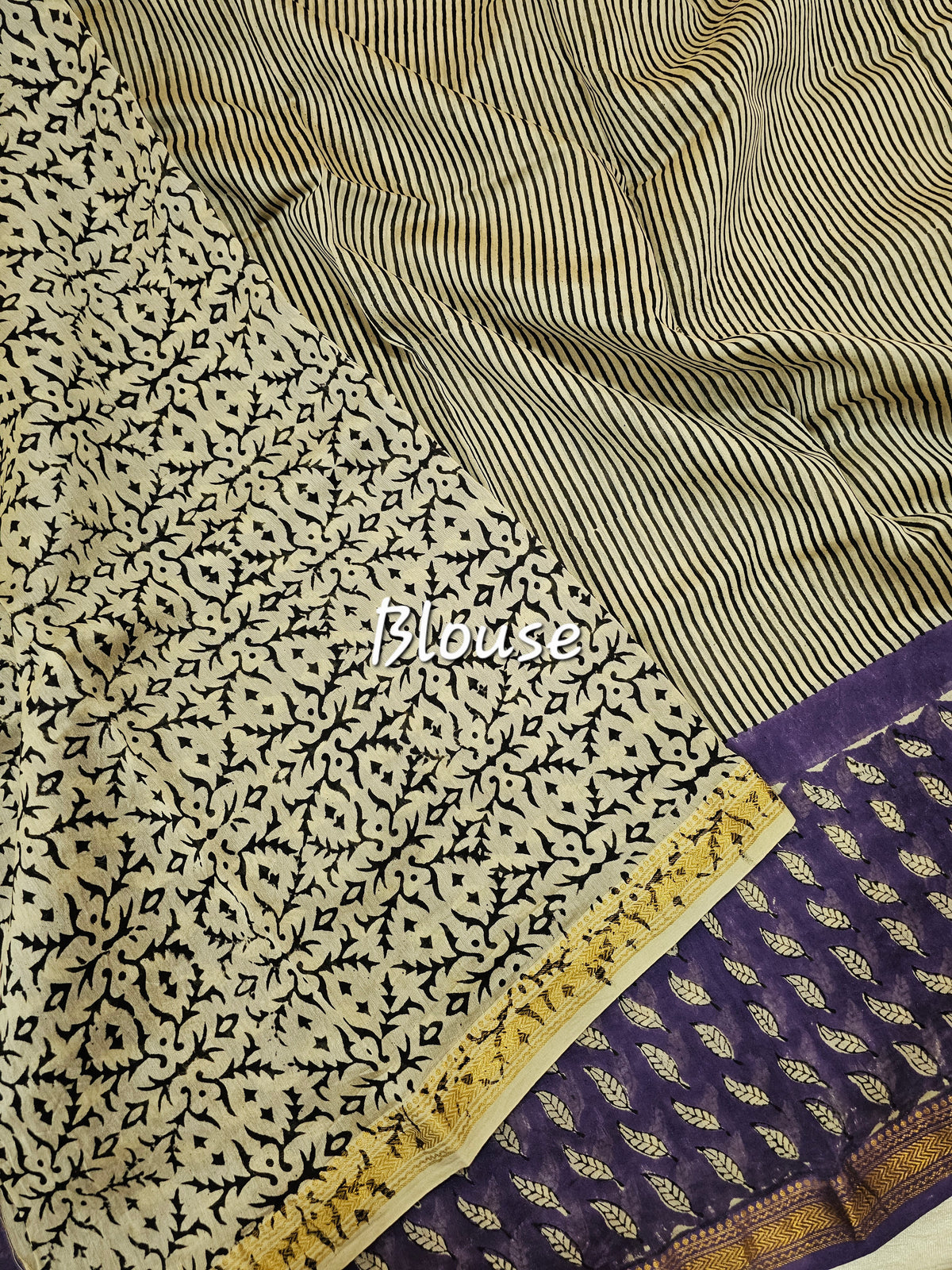 Maheshwari Silk Cotton Hand Block Printed Saree - Black with Purple
