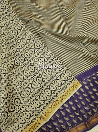 Maheshwari Silk Cotton Hand Block Printed Saree - Black with Purple