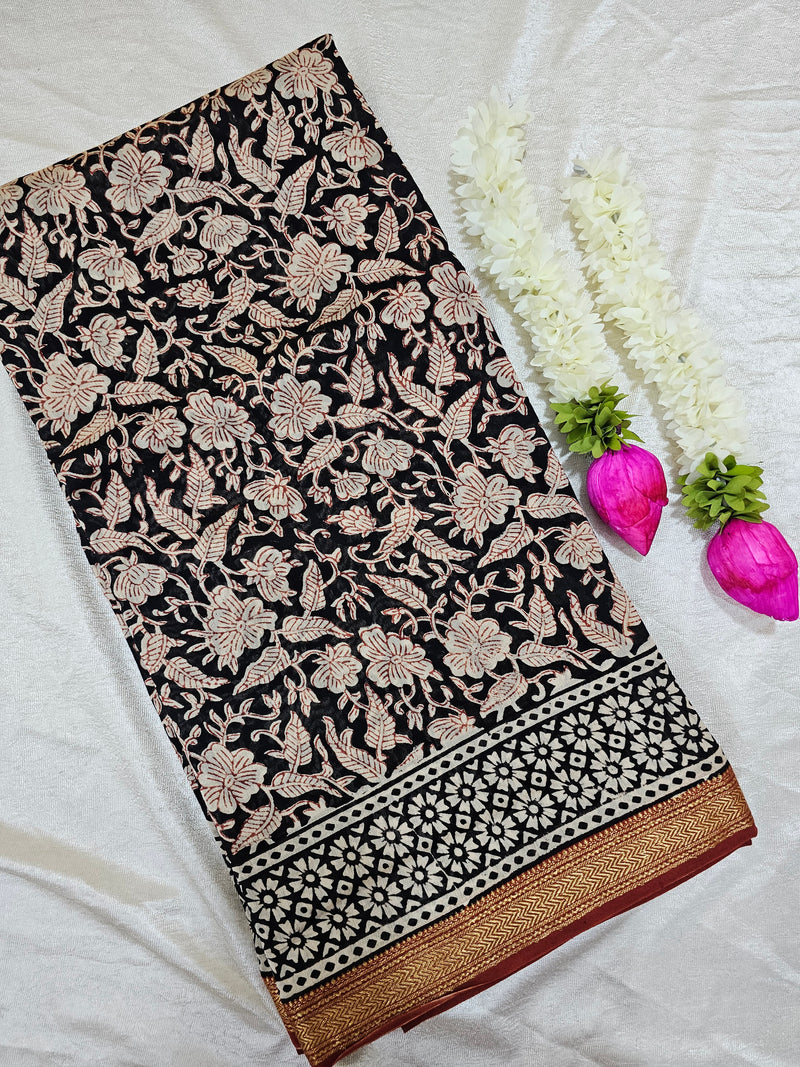 Maheshwari Silk Cotton Hand Block Printed Saree - Red with Black