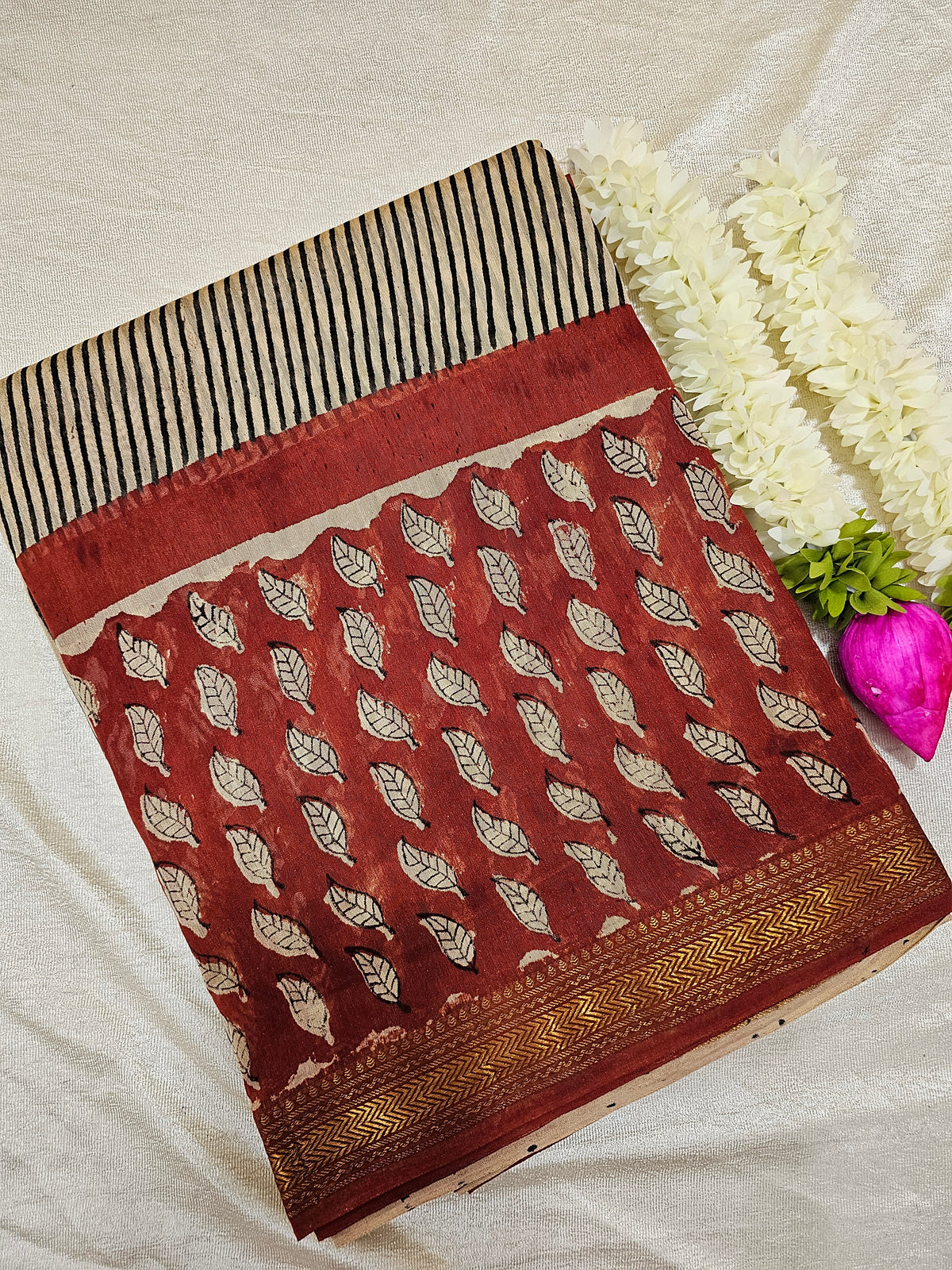 Maheshwari Silk Cotton Hand Block Printed Saree - Black with Red