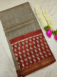 Maheshwari Silk Cotton Hand Block Printed Saree - Black with Red