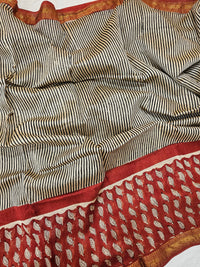 Maheshwari Silk Cotton Hand Block Printed Saree - Black with Red