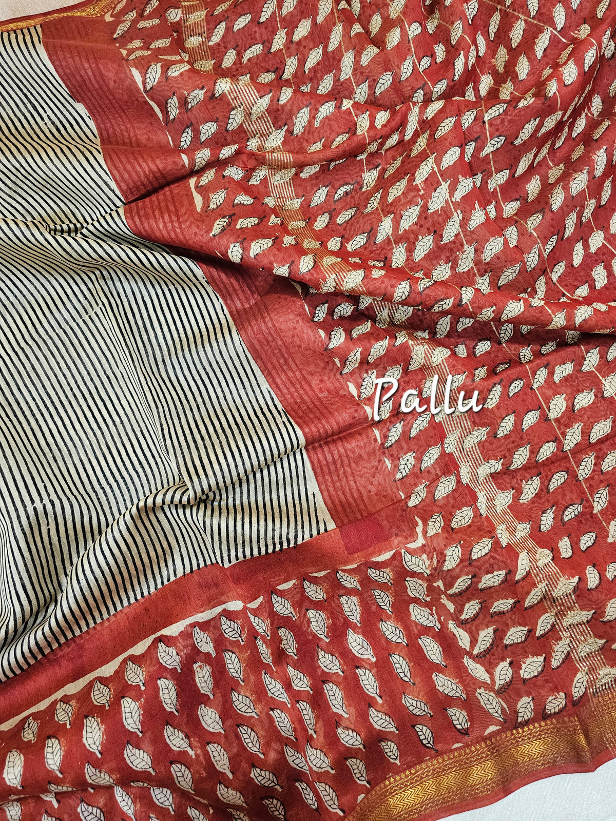 Maheshwari Silk Cotton Hand Block Printed Saree - Black with Red