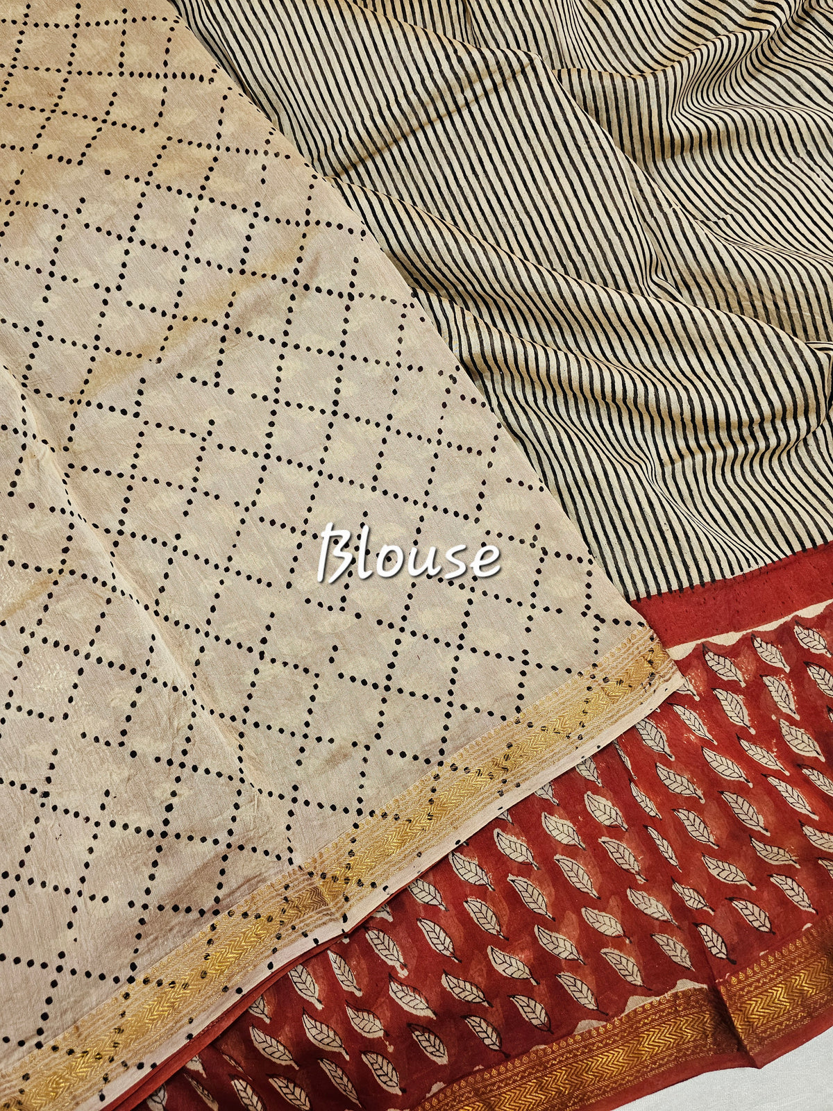 Maheshwari Silk Cotton Hand Block Printed Saree - Black with Red