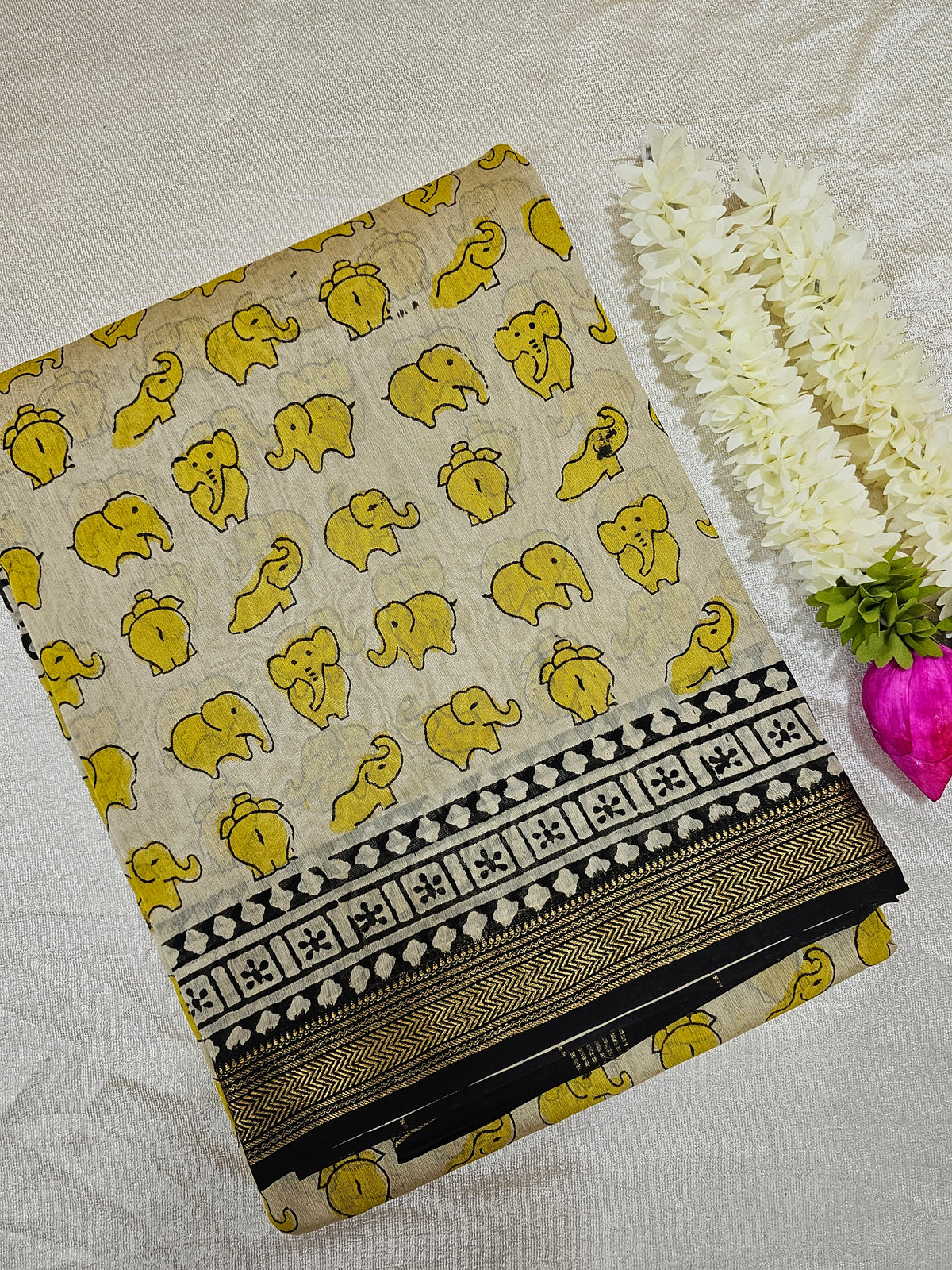 Maheshwari Silk Cotton Hand Block Printed Saree - Yellow