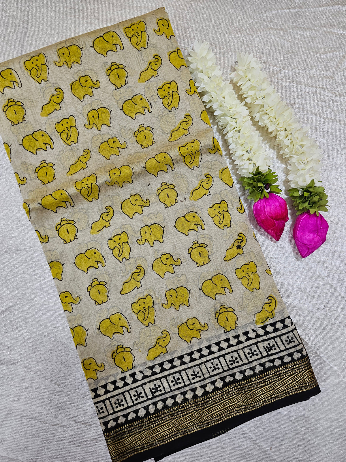 Maheshwari Silk Cotton Hand Block Printed Saree - Yellow