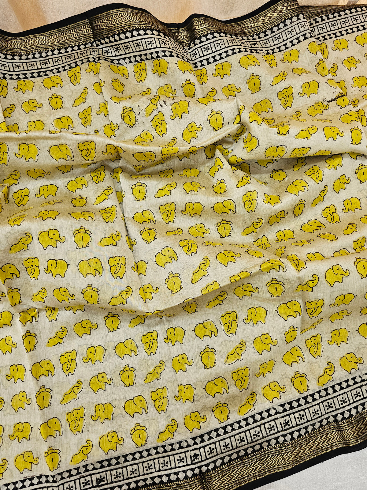 Maheshwari Silk Cotton Hand Block Printed Saree - Yellow