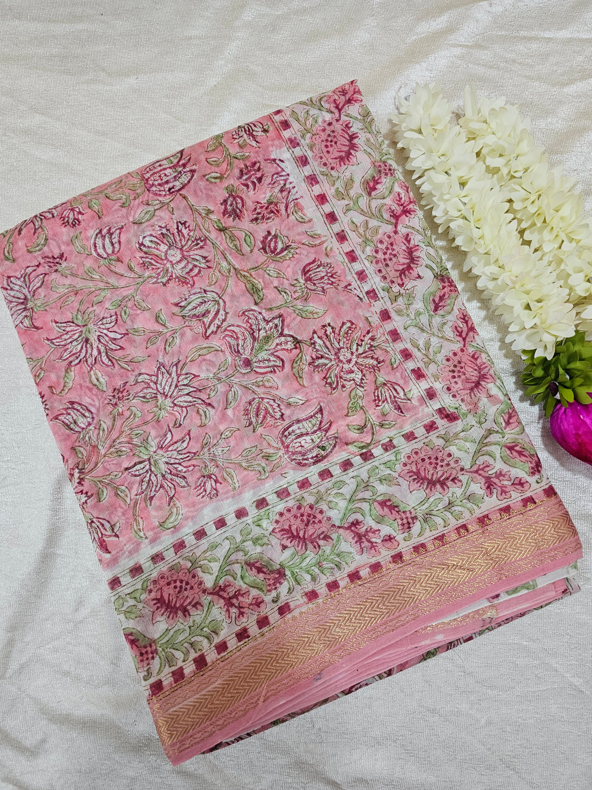 Maheshwari Silk Cotton Hand Block Printed Saree - Pink