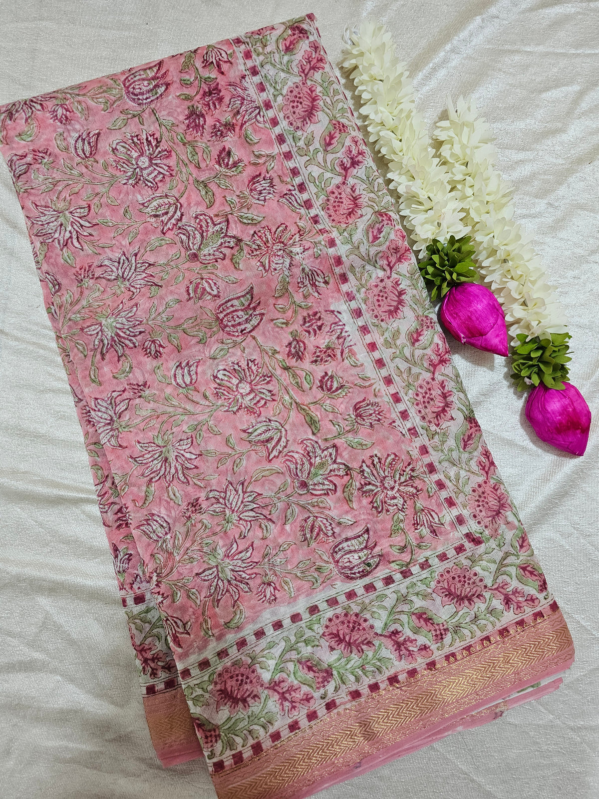 Maheshwari Silk Cotton Hand Block Printed Saree - Pink
