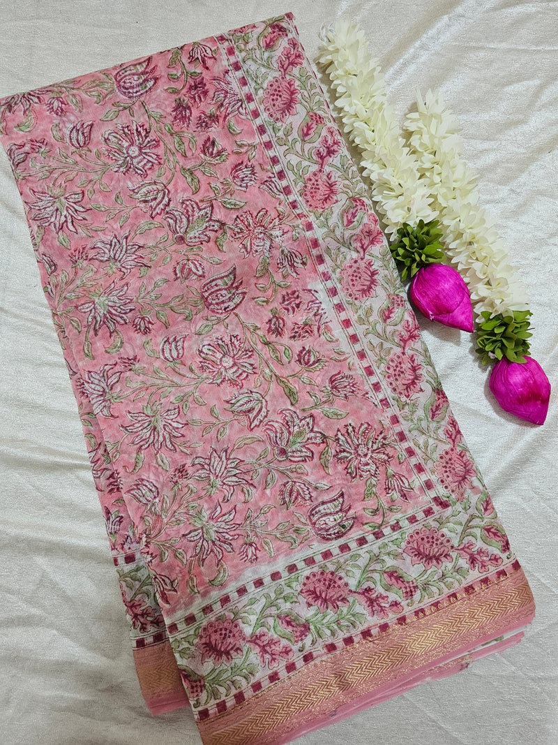 Maheshwari Silk Cotton Hand Block Printed Saree - Pink