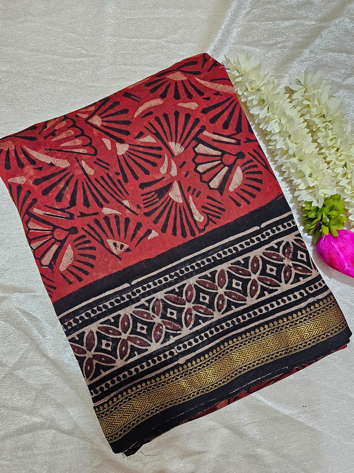 Maheshwari Silk Cotton with Ajrak Hand Block Printed Saree - Red with Black