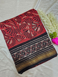 Maheshwari Silk Cotton with Ajrak Hand Block Printed Saree - Red with Black