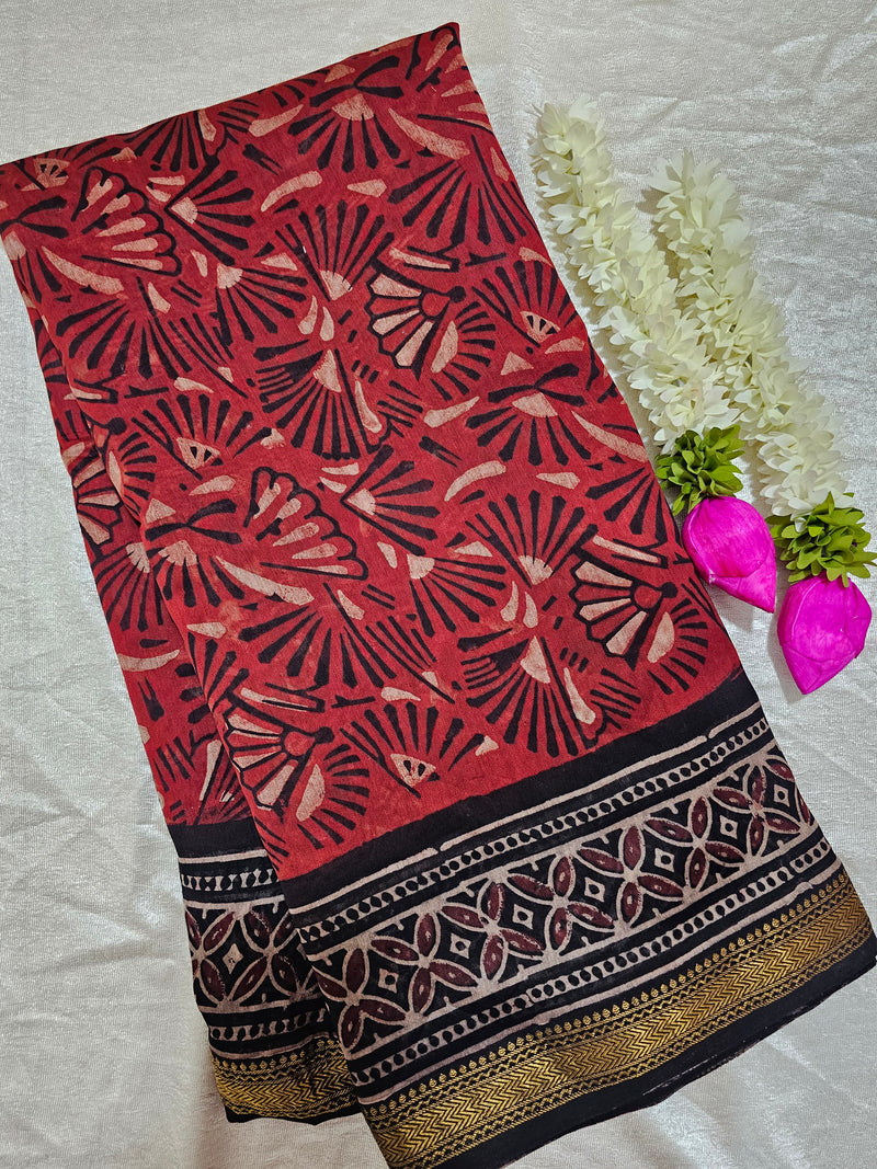 Maheshwari Silk Cotton with Ajrak Hand Block Printed Saree - Red with Black