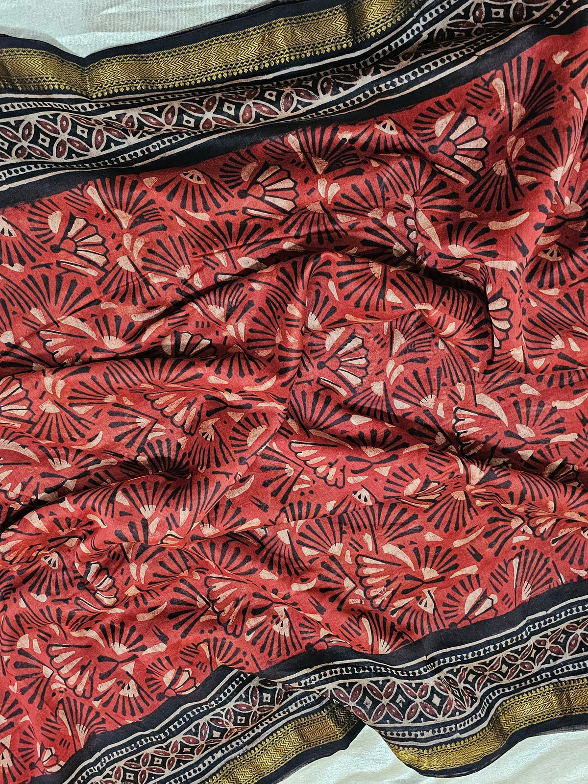 Maheshwari Silk Cotton with Ajrak Hand Block Printed Saree - Red with Black