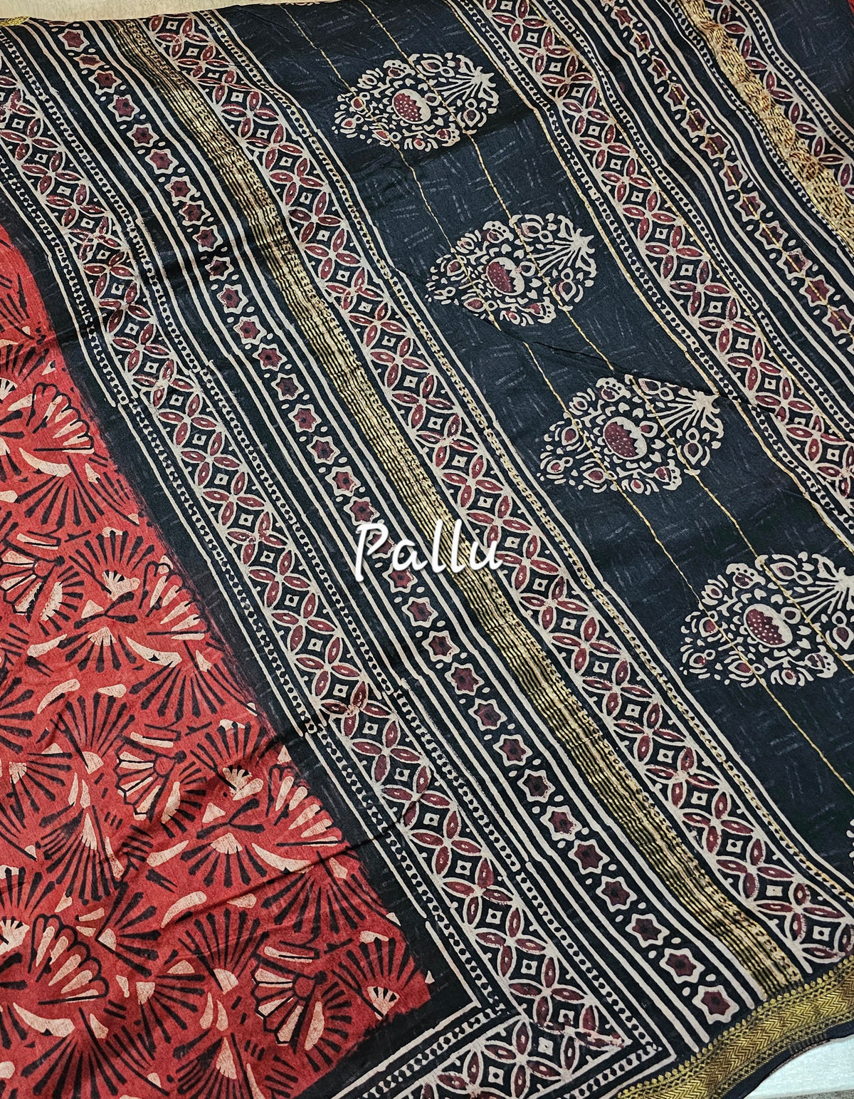 Maheshwari Silk Cotton with Ajrak Hand Block Printed Saree - Red with Black