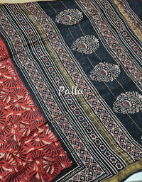 Maheshwari Silk Cotton with Ajrak Hand Block Printed Saree - Red with Black