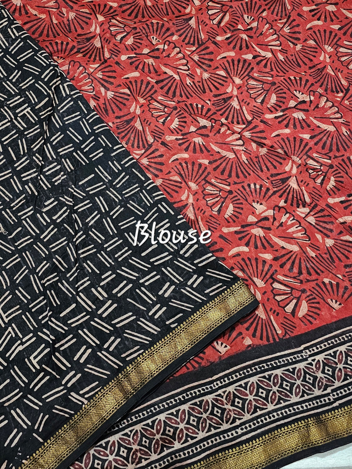 Maheshwari Silk Cotton with Ajrak Hand Block Printed Saree - Red with Black
