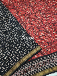 Maheshwari Silk Cotton with Ajrak Hand Block Printed Saree - Red with Black