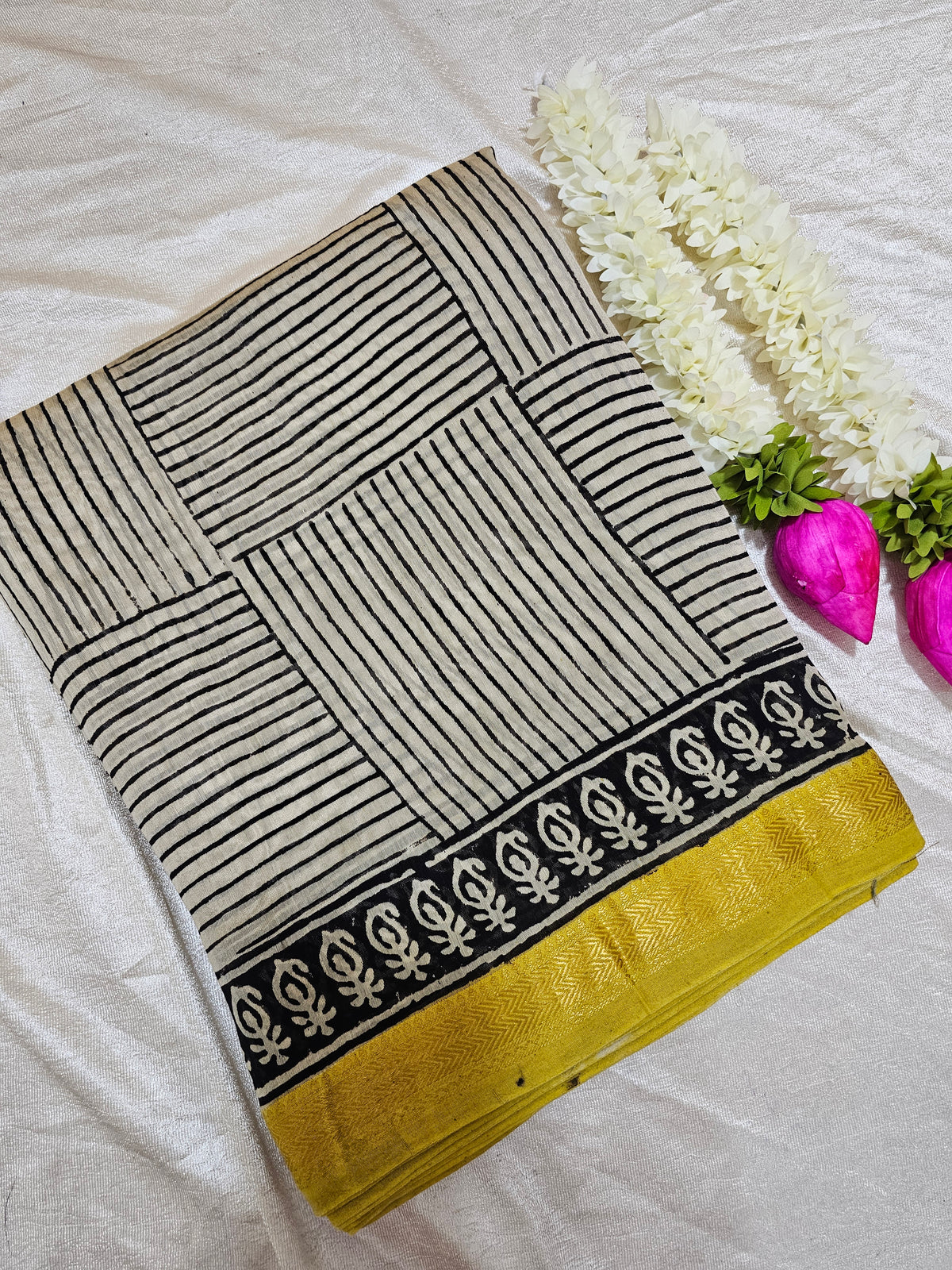 Maheshwari Silk Cotton Hand Block Printed Saree -  Cream with Yellow