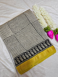 Maheshwari Silk Cotton Hand Block Printed Saree -  Cream with Yellow