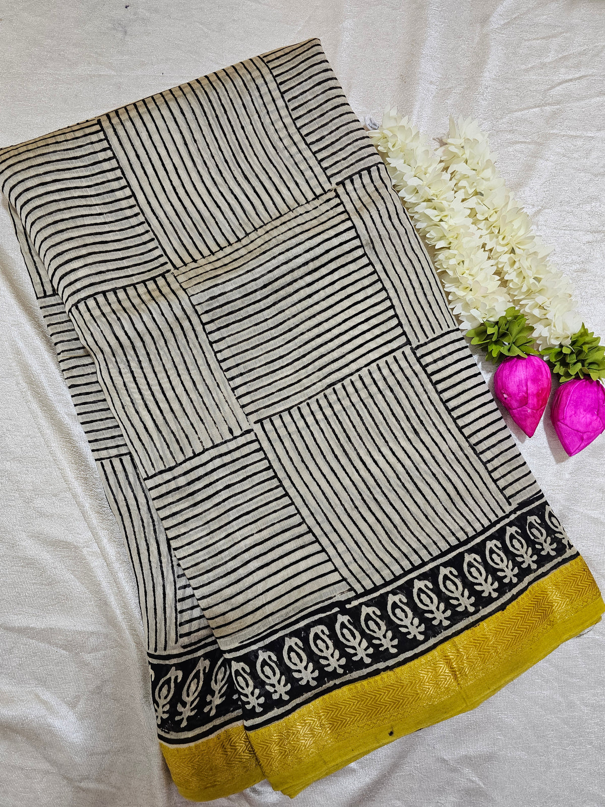 Maheshwari Silk Cotton Hand Block Printed Saree -  Cream with Yellow