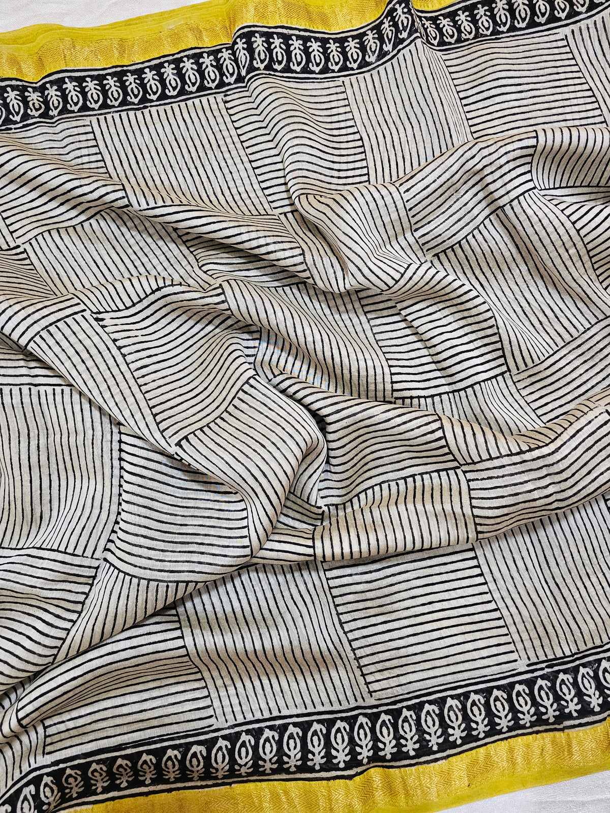 Maheshwari Silk Cotton Hand Block Printed Saree -  Cream with Yellow