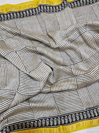 Maheshwari Silk Cotton Hand Block Printed Saree -  Cream with Yellow