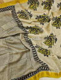 Maheshwari Silk Cotton Hand Block Printed Saree -  Cream with Yellow