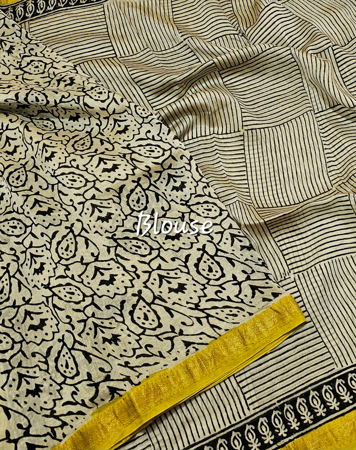 Maheshwari Silk Cotton Hand Block Printed Saree -  Cream with Yellow