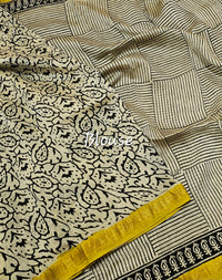 Maheshwari Silk Cotton Hand Block Printed Saree -  Cream with Yellow