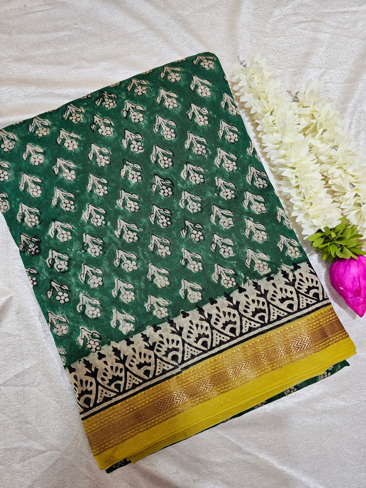 Maheshwari Silk Cotton Hand Block Printed Saree - Green