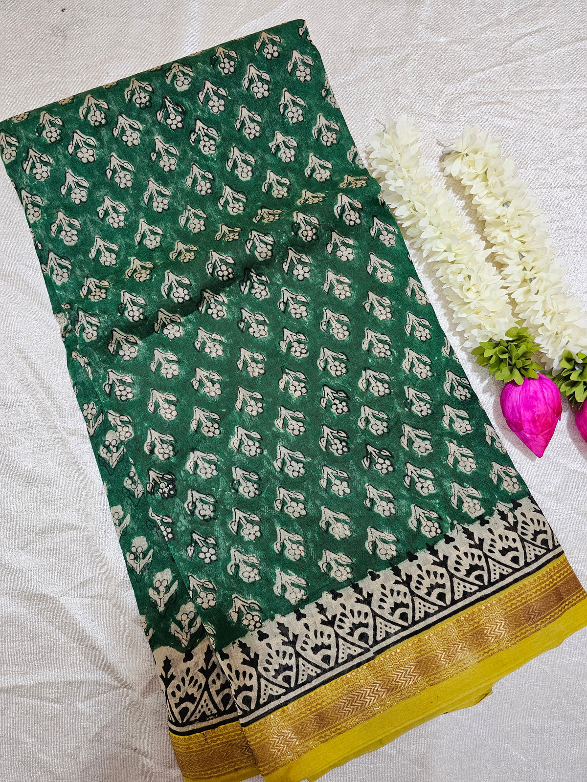 Maheshwari Silk Cotton Hand Block Printed Saree - Green