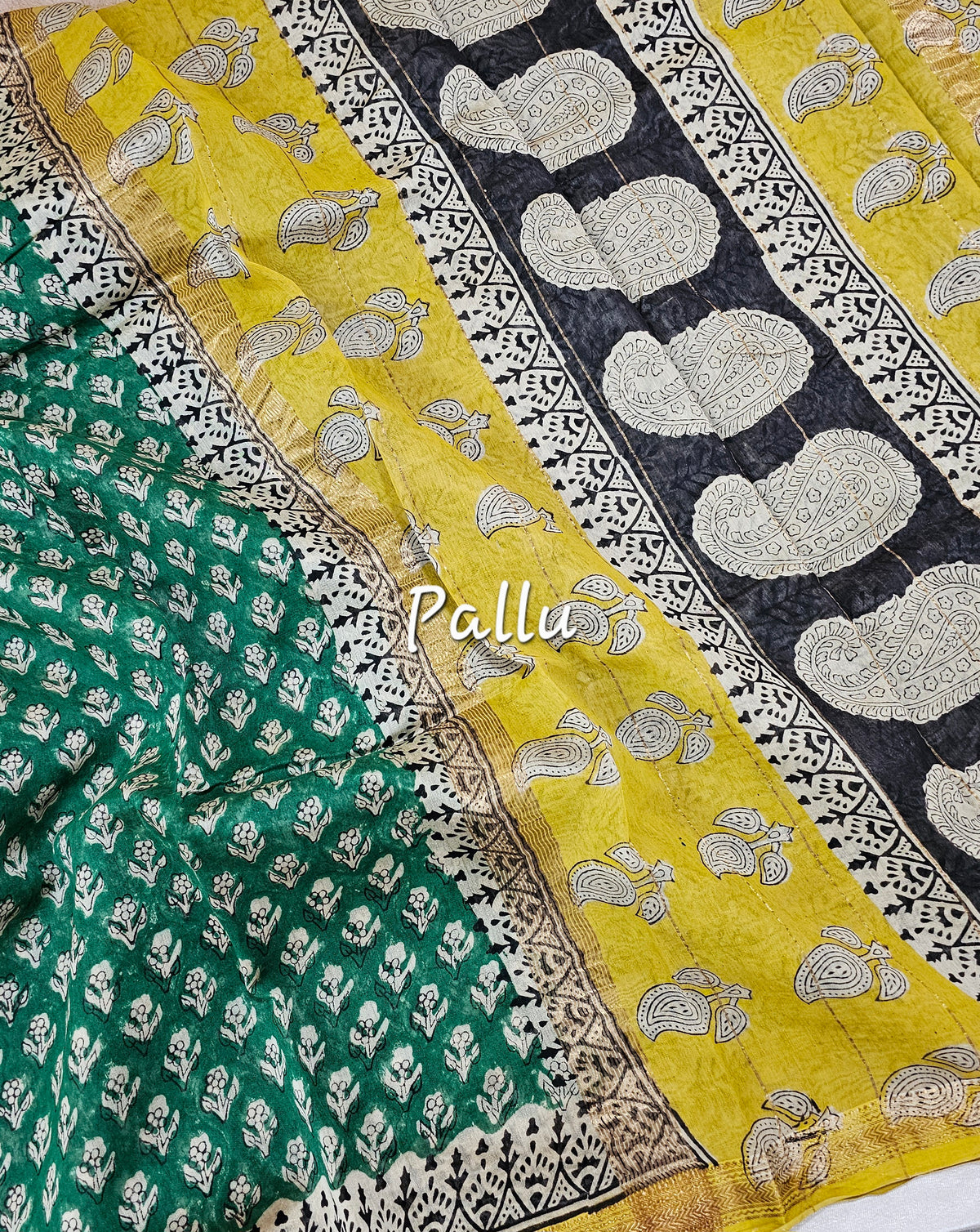 Maheshwari Silk Cotton Hand Block Printed Saree - Green