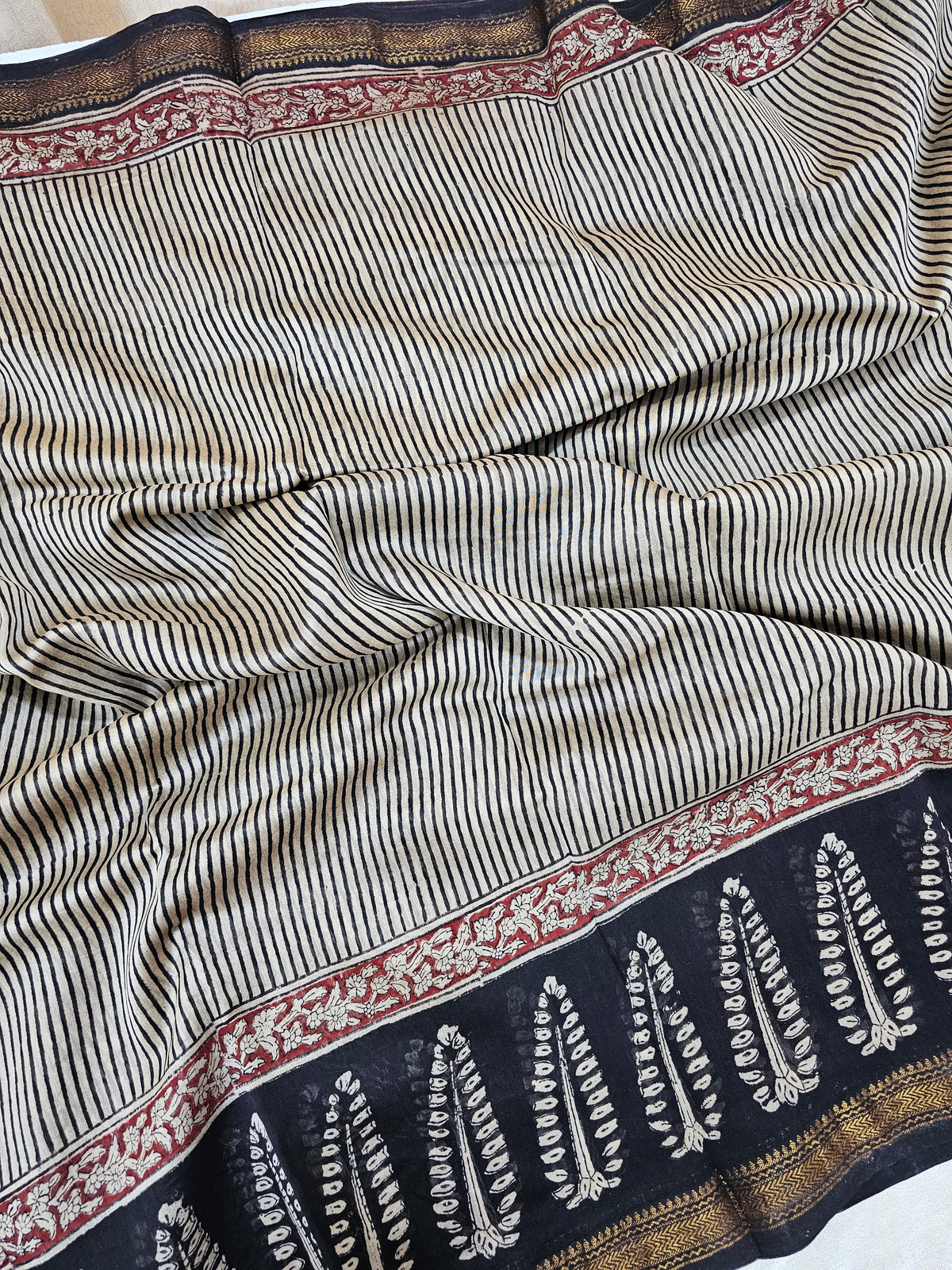 Maheshwari Silk Cotton Hand Block Printed Saree - Black