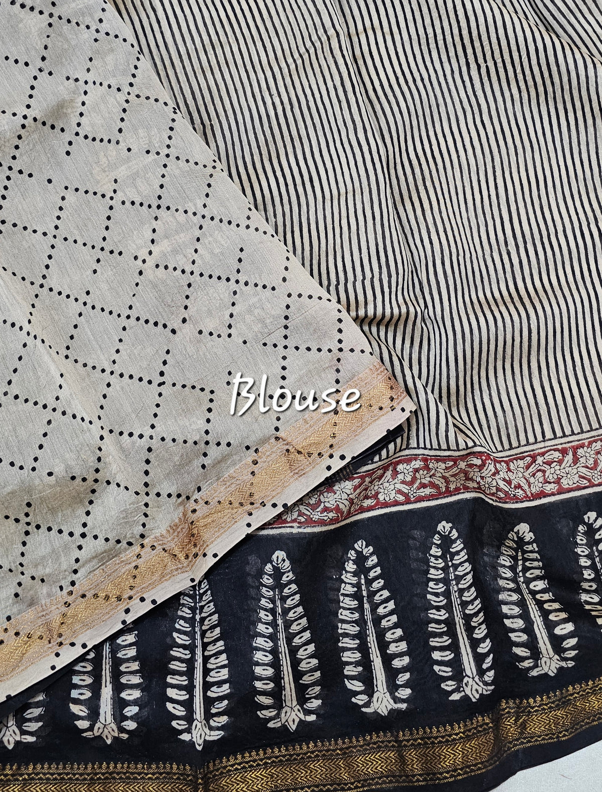 Maheshwari Silk Cotton Hand Block Printed Saree - Black